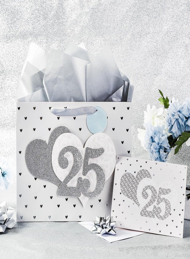 LeZakaa 13" Wedding Gift Bag, Silver Gift Bag with Tissue Paper, Gift Tag and Card - Number 25" with Heart 3D Paster for Silver Wedding Anniversary Celebrations - Image 3